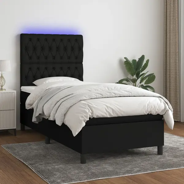 Gossi pat cu arcuri, saltea si led, negru, 100x200 cm, textil