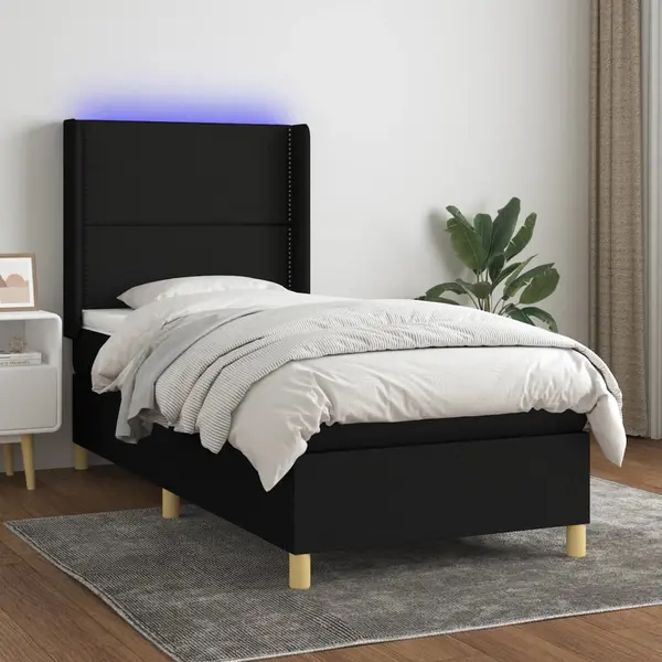 Gossi pat cu arcuri, saltea si led, negru, 100x200 cm, textil