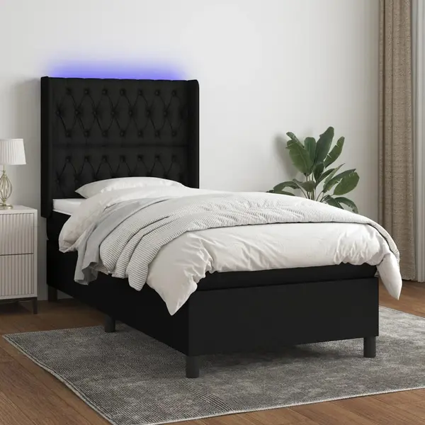Gossi pat cu arcuri, saltea si led, negru, 100x200 cm, textil