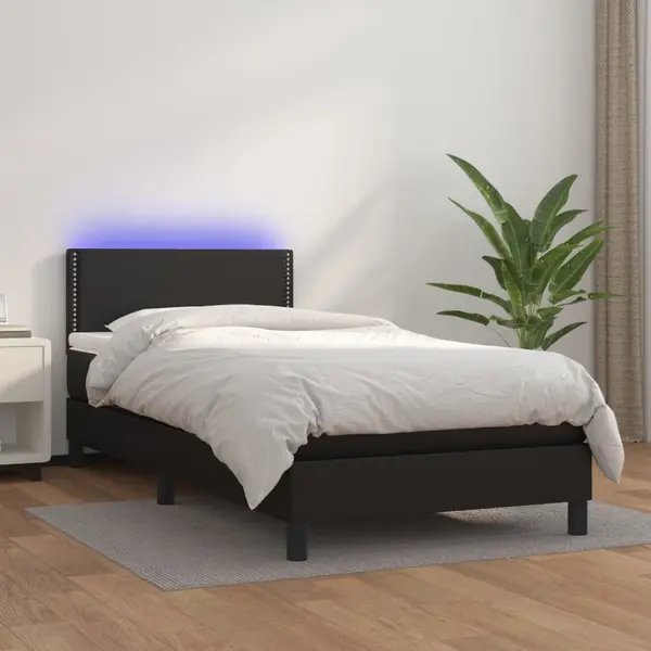 Gossi pat cu arcuri, saltea si led, negru, 100x200cm, piele ecologica