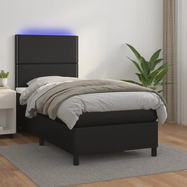 Gossi pat cu arcuri, saltea si led, negru, 100x200cm, piele ecologica
