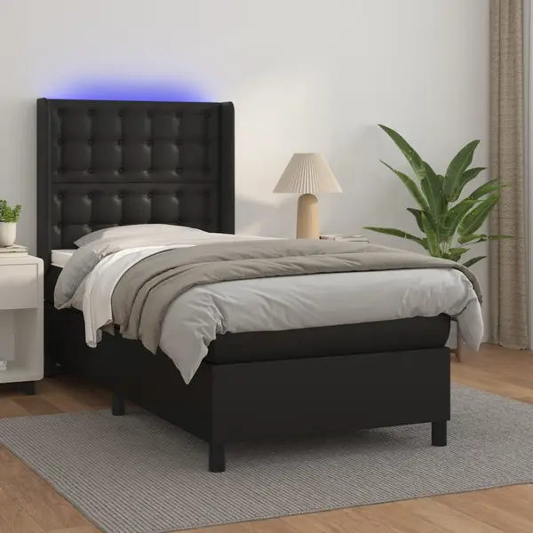 Gossi pat cu arcuri, saltea si led, negru, 100x200cm, piele ecologica