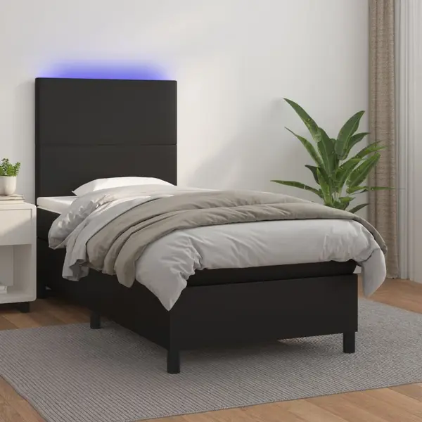 Gossi pat cu arcuri, saltea si led, negru, 100x200cm, piele ecologica