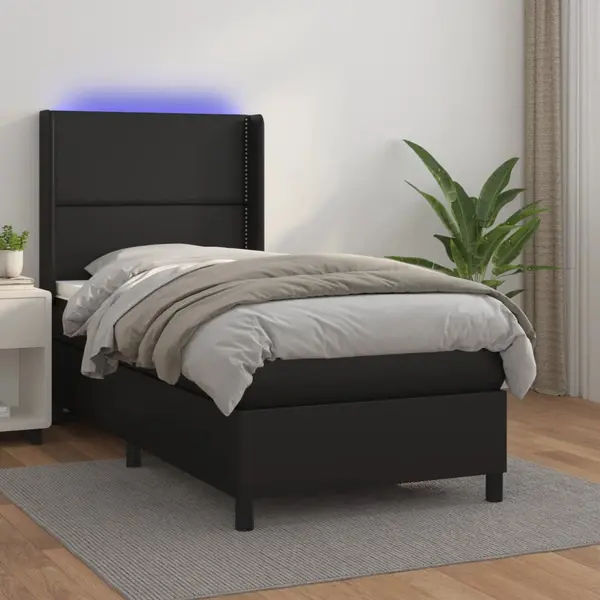 Gossi pat cu arcuri, saltea si led, negru, 100x200cm, piele ecologica