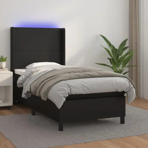 Gossi pat cu arcuri, saltea si led, negru, 100x200cm, piele ecologica