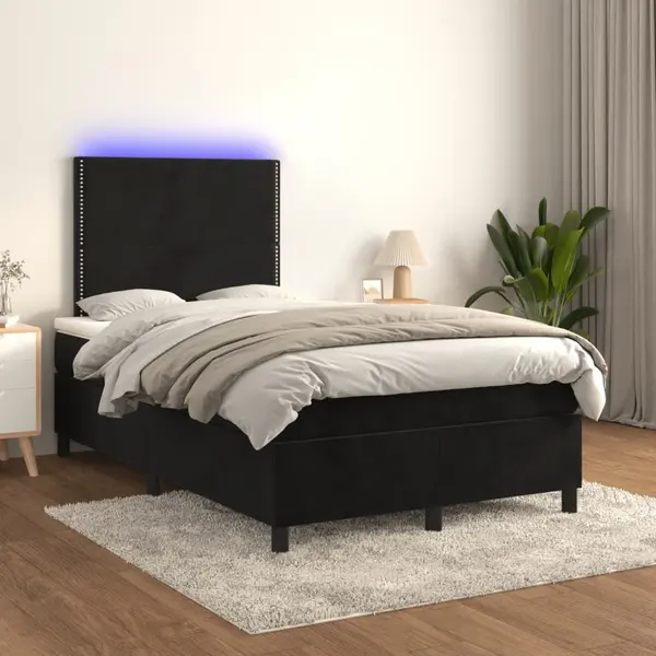 Gossi pat cu arcuri, saltea si led, negru, 120x200 cm, catifea