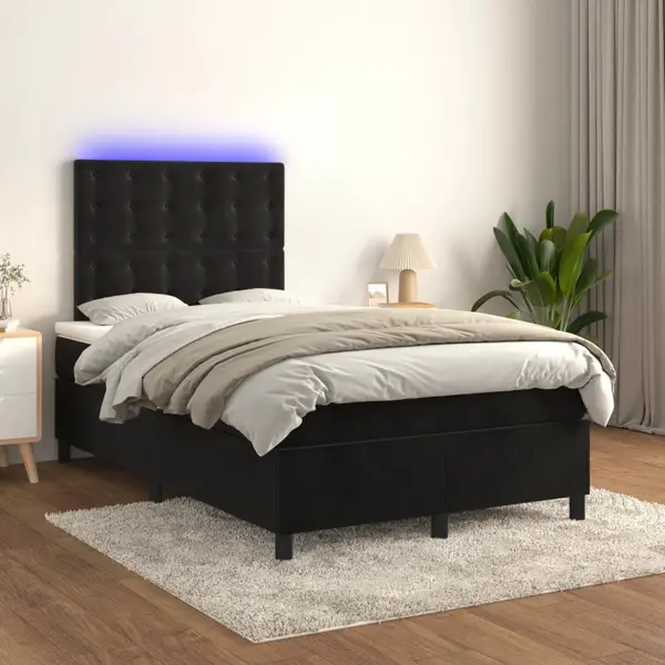 Gossi pat cu arcuri, saltea si led, negru, 120x200 cm, catifea