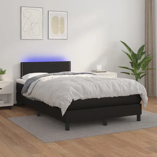 Gossi pat cu arcuri, saltea si led, negru, 120x200cm, piele ecologica