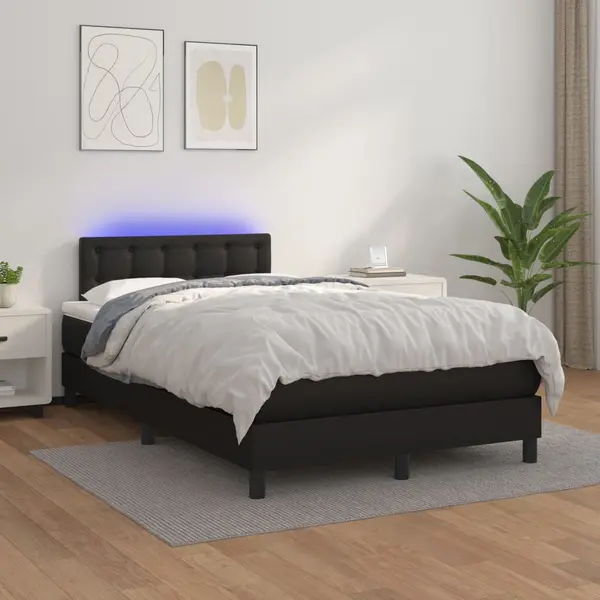 Gossi pat cu arcuri, saltea si led, negru, 120x200cm, piele ecologica