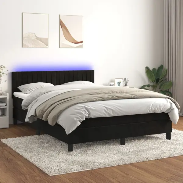 Gossi pat cu arcuri, saltea si led, negru, 140x190 cm, catifea