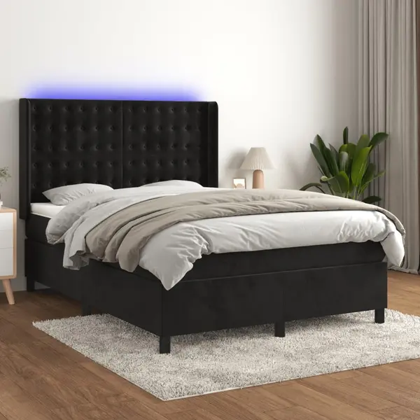 Gossi pat cu arcuri, saltea si led, negru, 140x190 cm, catifea