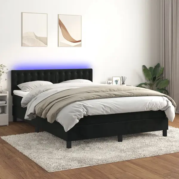 Gossi pat cu arcuri, saltea si led, negru, 140x190 cm, catifea
