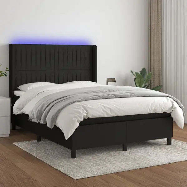 Gossi pat cu arcuri, saltea si led, negru, 140x190 cm, textil