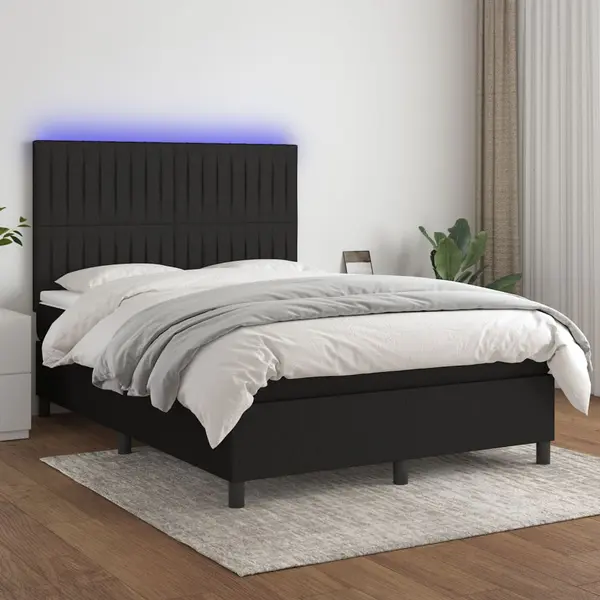 Gossi pat cu arcuri, saltea si led, negru, 140x190 cm, textil