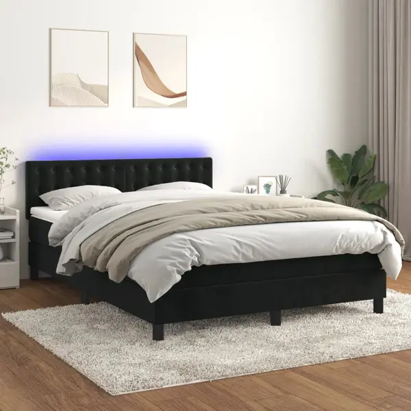 Gossi pat cu arcuri, saltea si led, negru, 140x200 cm, catifea