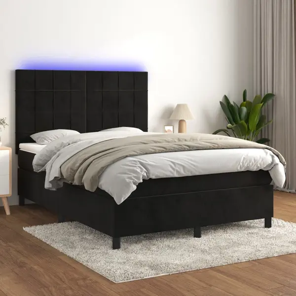 Gossi pat cu arcuri, saltea si led, negru, 140x200 cm, catifea