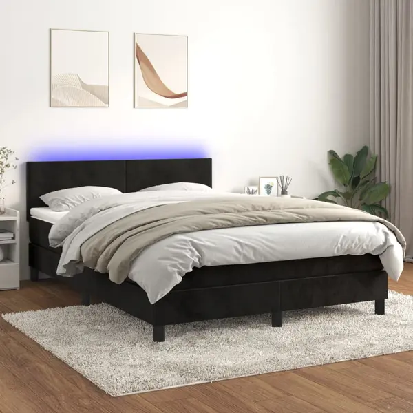 Gossi pat cu arcuri, saltea si led, negru, 140x200 cm, catifea