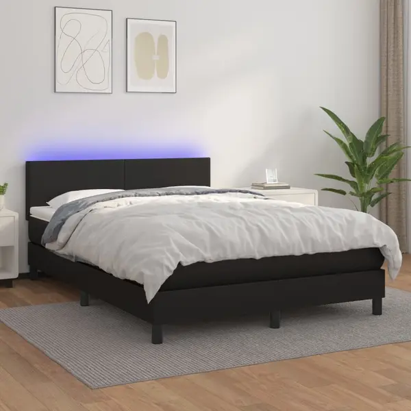 Gossi pat cu arcuri, saltea si led, negru, 140x200 cm, piele eco