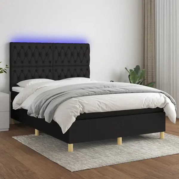 Gossi pat cu arcuri, saltea si led, negru, 140x200 cm, textil