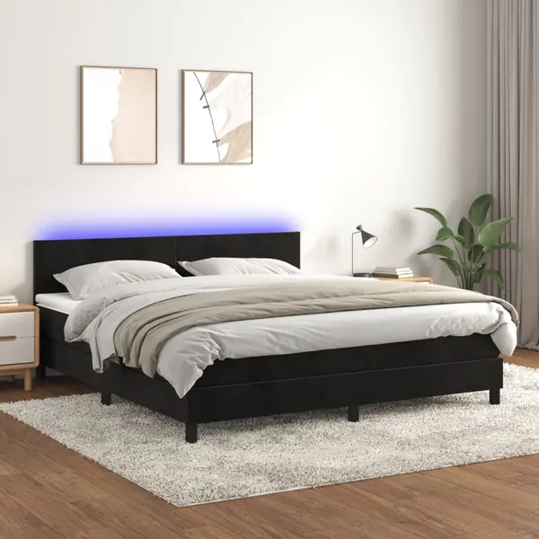 Gossi pat cu arcuri, saltea si led, negru, 160x200 cm, catifea
