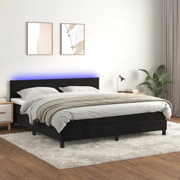 Gossi pat cu arcuri, saltea si led, negru, 160x200 cm, catifea