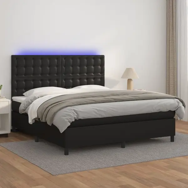 Gossi pat cu arcuri, saltea si led, negru, 160x200cm, piele ecologica