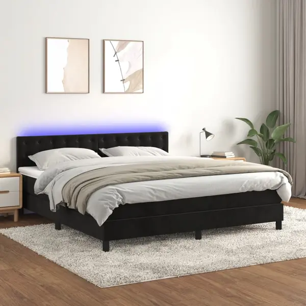 Gossi pat cu arcuri, saltea si led, negru, 180x200 cm, catifea