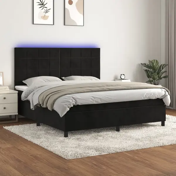 Gossi pat cu arcuri, saltea si led, negru, 180x200 cm, catifea
