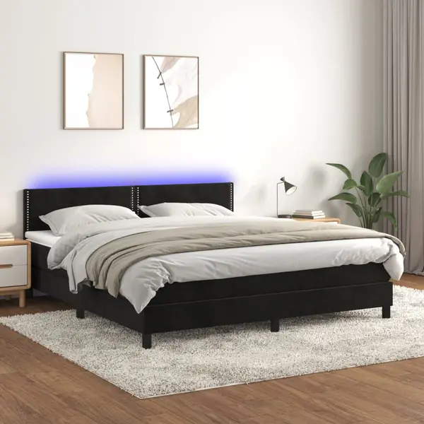 Gossi pat cu arcuri, saltea si led, negru, 180x200 cm, catifea