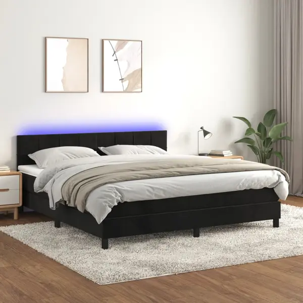 Gossi pat cu arcuri, saltea si led, negru, 180x200 cm, catifea