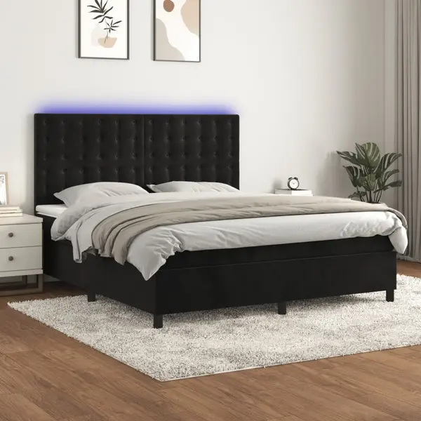 Gossi pat cu arcuri, saltea si led, negru, 180x200 cm, catifea