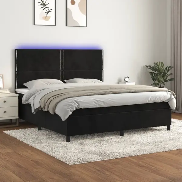 Gossi pat cu arcuri, saltea si led, negru, 180x200 cm, catifea