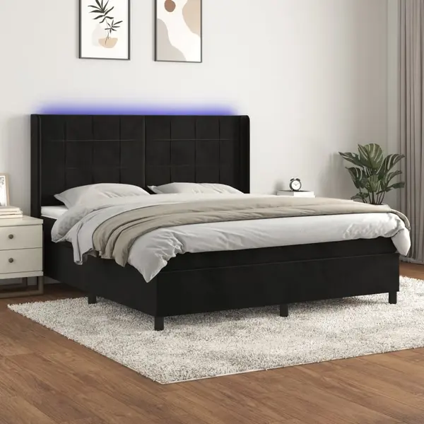 Gossi pat cu arcuri, saltea si led, negru, 180x200 cm, catifea