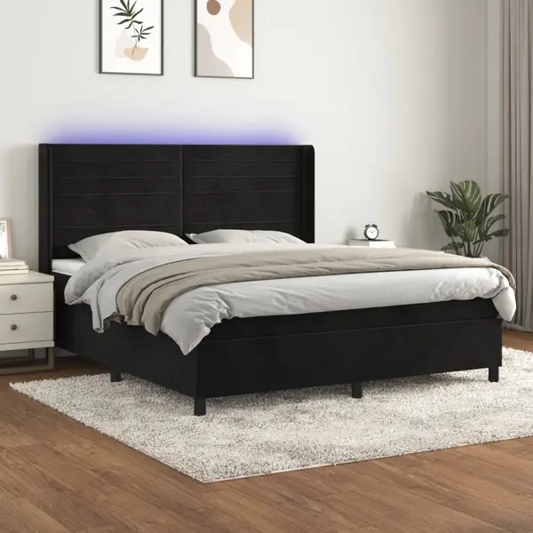Gossi pat cu arcuri, saltea si led, negru, 180x200 cm, catifea