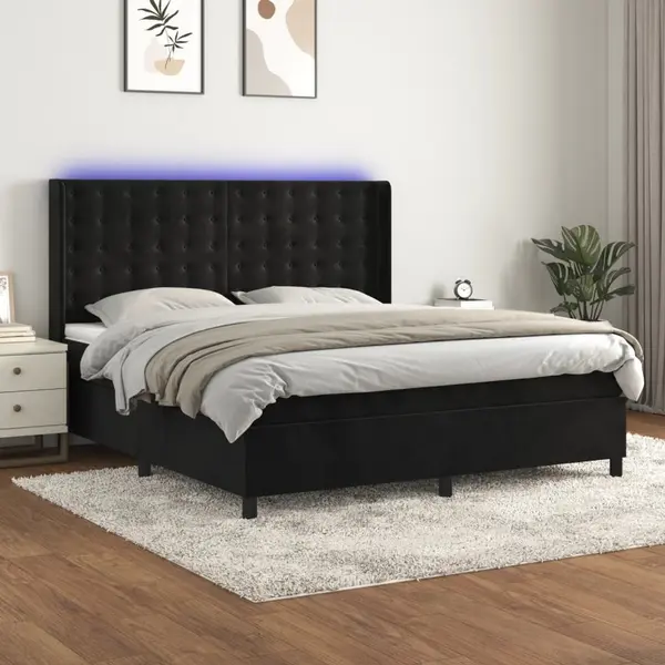 Gossi pat cu arcuri, saltea si led, negru, 180x200 cm, catifea