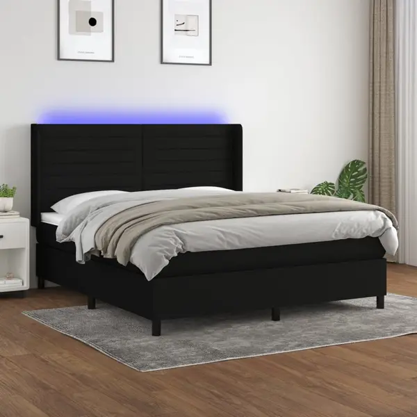 Gossi pat cu arcuri, saltea si led, negru, 180x200 cm, textil