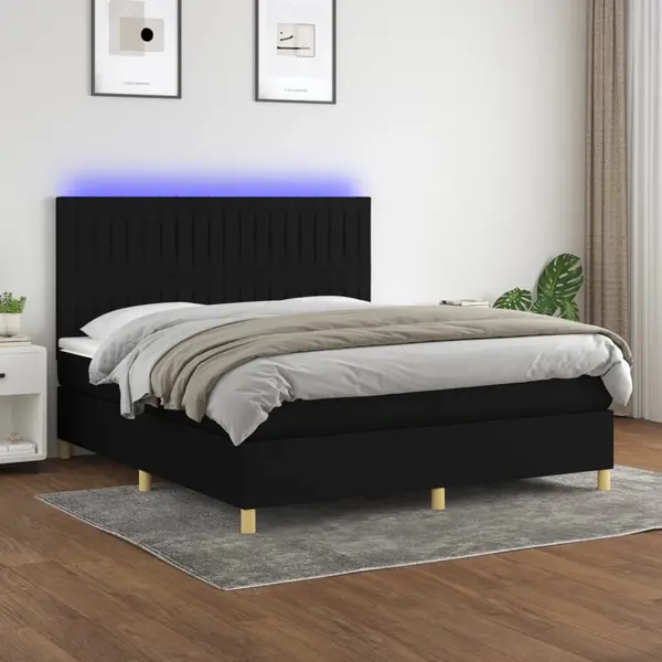 Gossi pat cu arcuri, saltea si led, negru, 180x200 cm, textil