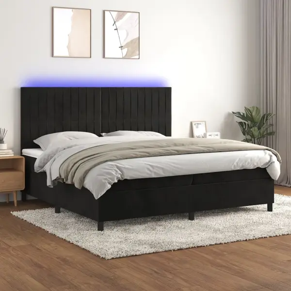Gossi pat cu arcuri, saltea si led, negru, 200x200 cm, catifea