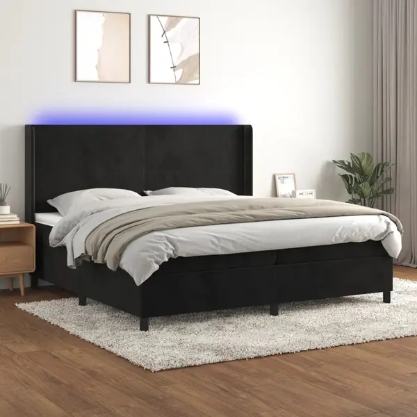 Gossi pat cu arcuri, saltea si led, negru, 200x200 cm, catifea