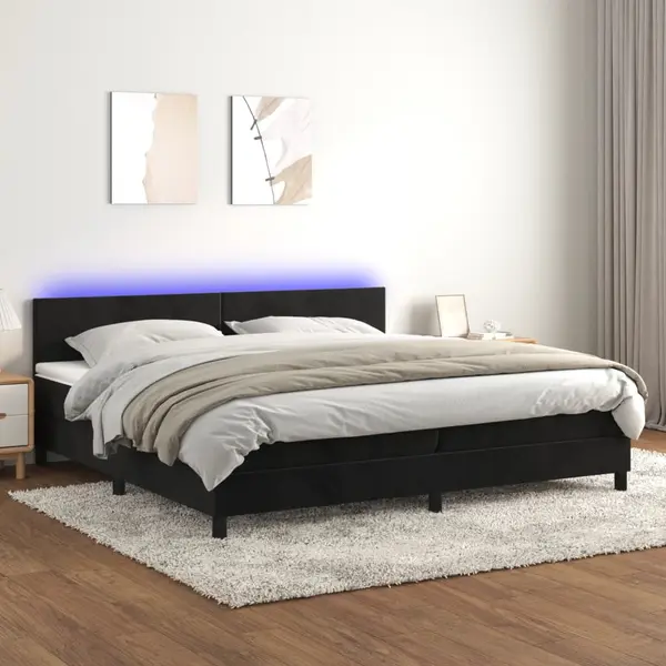 Gossi pat cu arcuri, saltea si led, negru, 200x200 cm, catifea
