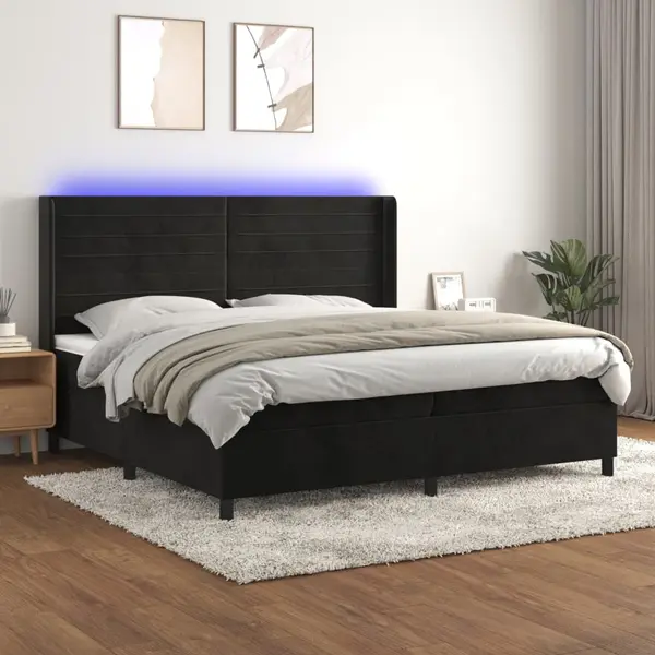 Gossi pat cu arcuri, saltea si led, negru, 200x200 cm, catifea