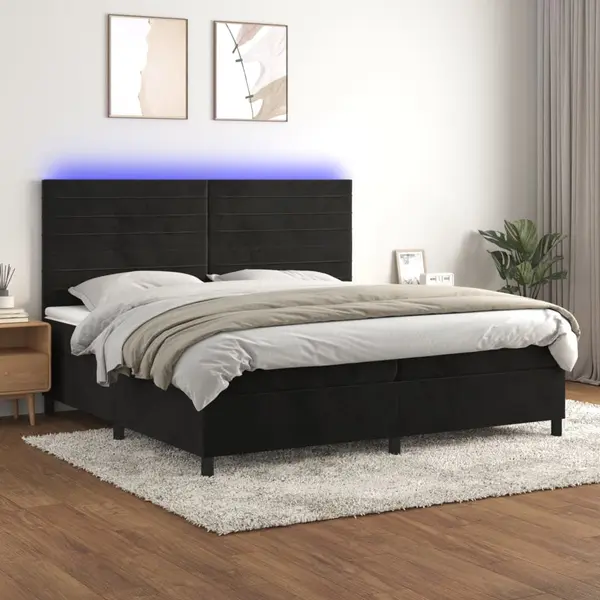 Gossi pat cu arcuri, saltea si led, negru, 200x200 cm, catifea