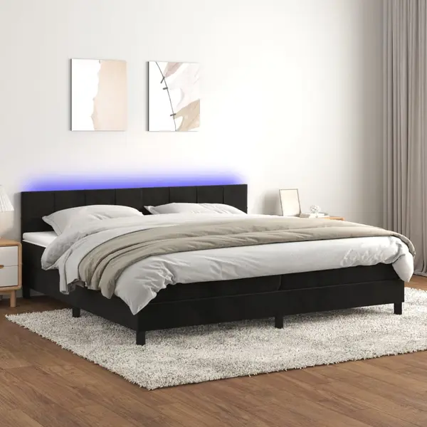 Gossi pat cu arcuri, saltea si led, negru, 200x200 cm, catifea