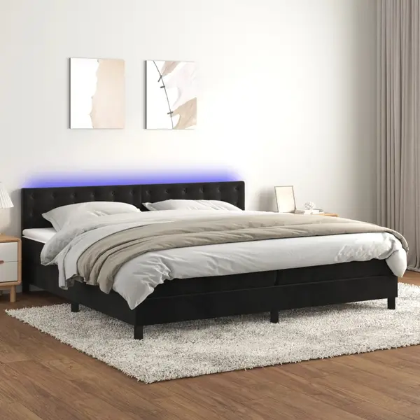 Gossi pat cu arcuri, saltea si led, negru, 200x200 cm, catifea