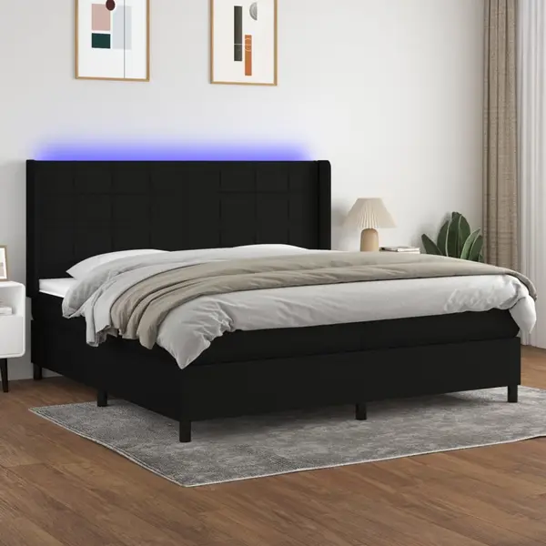 Gossi pat cu arcuri, saltea si led, negru, 200x200 cm, textil