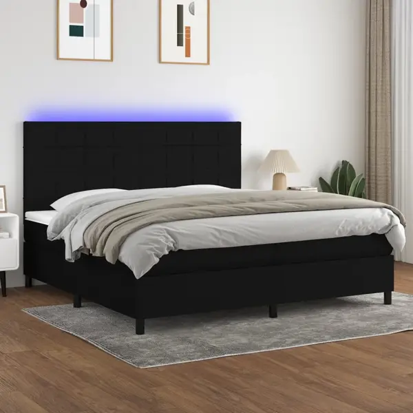 Gossi pat cu arcuri, saltea si led, negru, 200x200 cm, textil