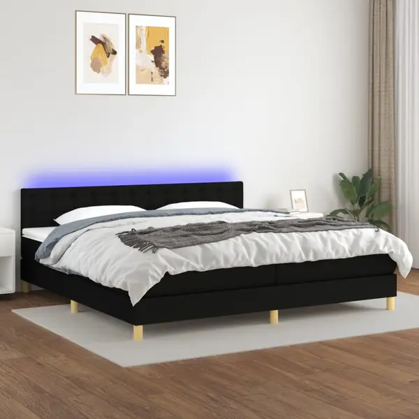 Gossi pat cu arcuri, saltea si led, negru, 200x200 cm, textil
