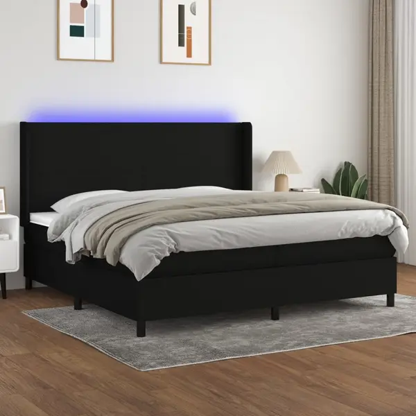Gossi pat cu arcuri, saltea si led, negru, 200x200 cm, textil
