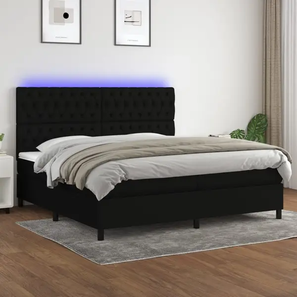 Gossi pat cu arcuri, saltea si led, negru, 200x200 cm, textil