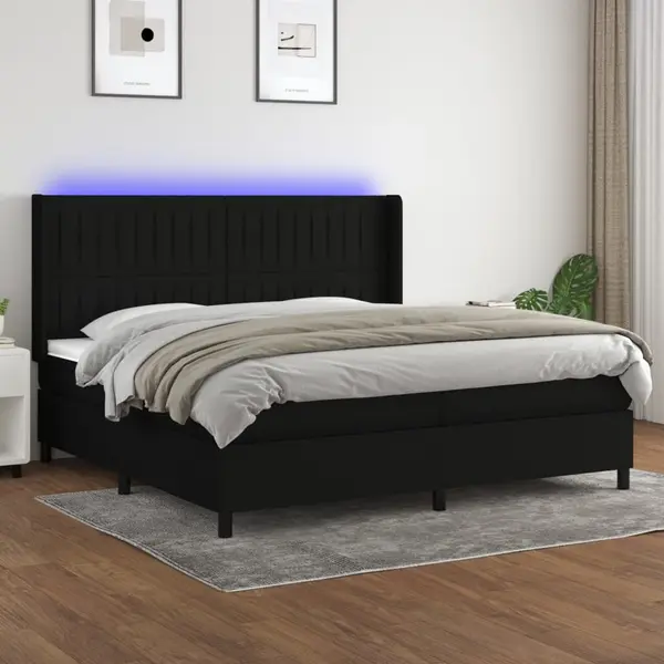 Gossi pat cu arcuri, saltea si led, negru, 200x200 cm, textil